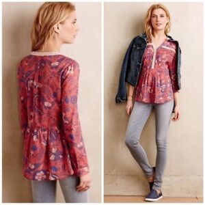 Anthropologie Maeve Abella Pintuck Butterfly Floral Top Boho Lightweight Size 6